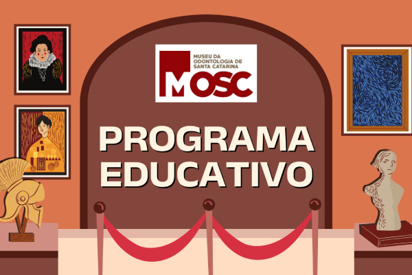 Arte gráfica do Programa Educativo do MASC, com entrada de museu, quadros, esculturas e cordão vermelho.