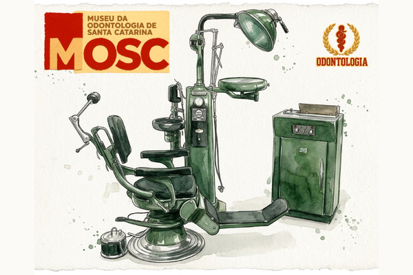PASSEIO PELO MOSC Ilustração do MOSC com antiga cadeira odontológica, refletor e equipamentos em tons de verde.